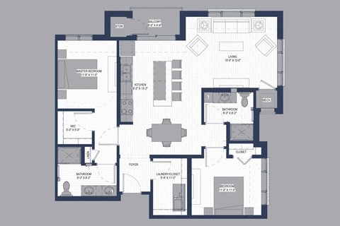 Floor plan for 2 beds, 2 baths, 1136 sqft